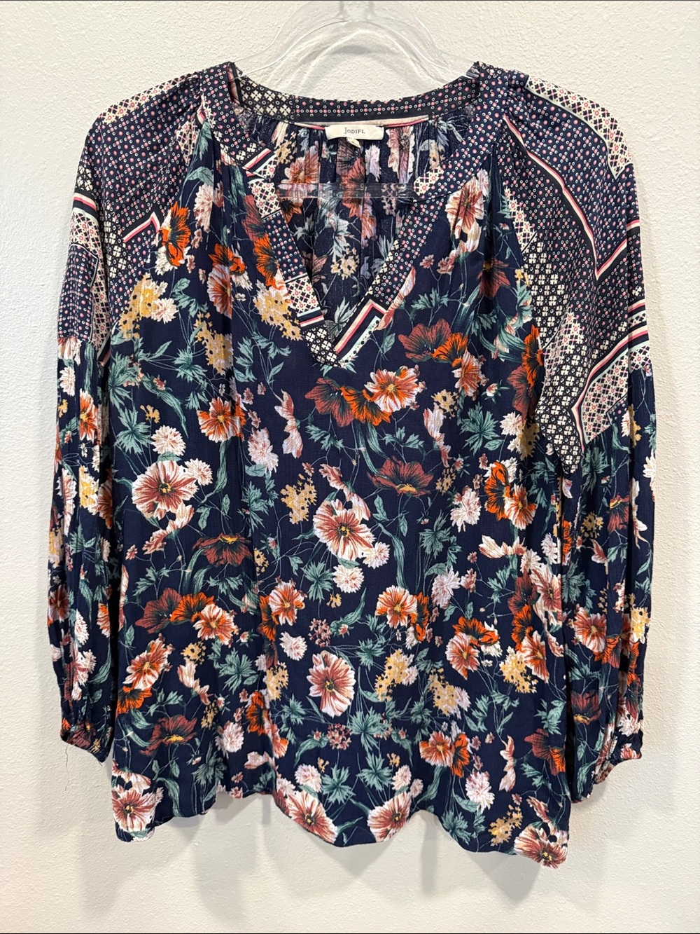 Jodifl Navy Floral V-Neck Blouse with Rust & Cream Accents